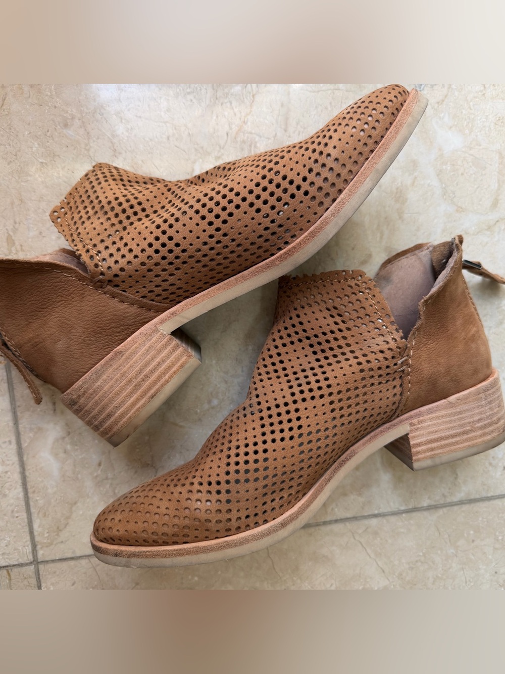 Dolce Vita Perforated Tan Leather Ankle Booties - Women